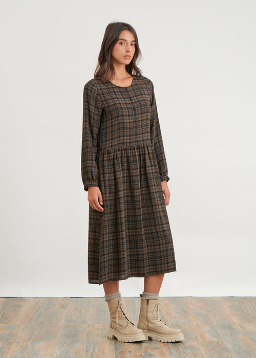 Checked midi dress with gathered waist - ECORCE#couleur_ECORCE