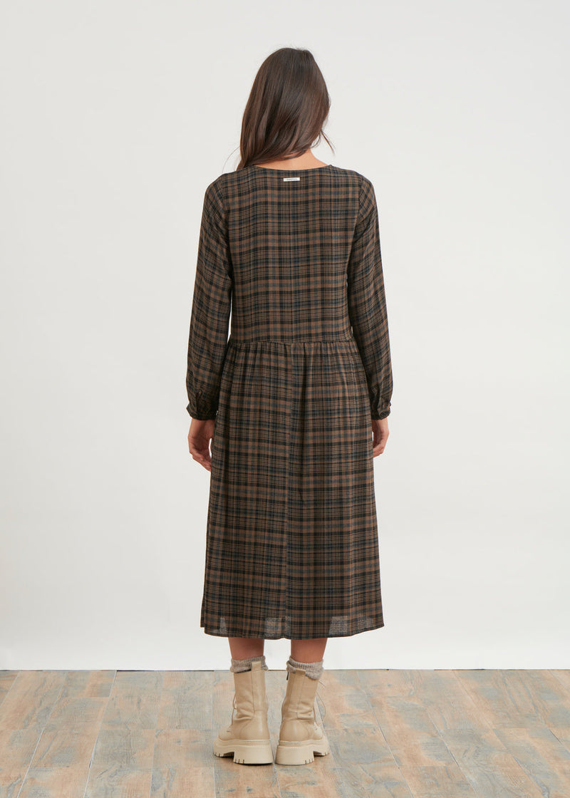 Checked midi dress with gathered waist - ECORCE#couleur_ECORCE