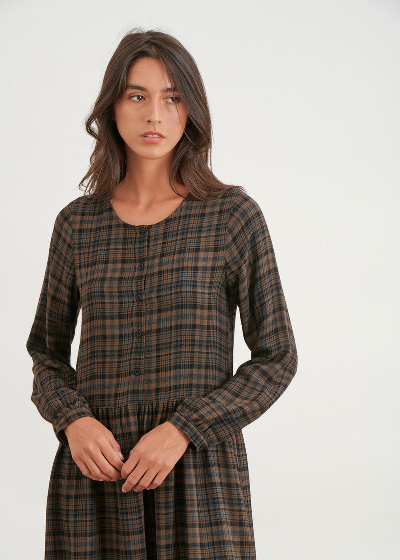 Checked midi dress with gathered waist - ECORCE#couleur_ECORCE