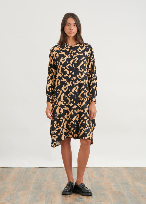 Printed midi blouse dress - BEIGE/NOIR#couleur_BEIGE/NOIR