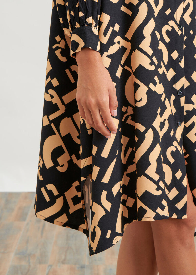 Printed midi blouse dress - BEIGE/NOIR#couleur_BEIGE/NOIR