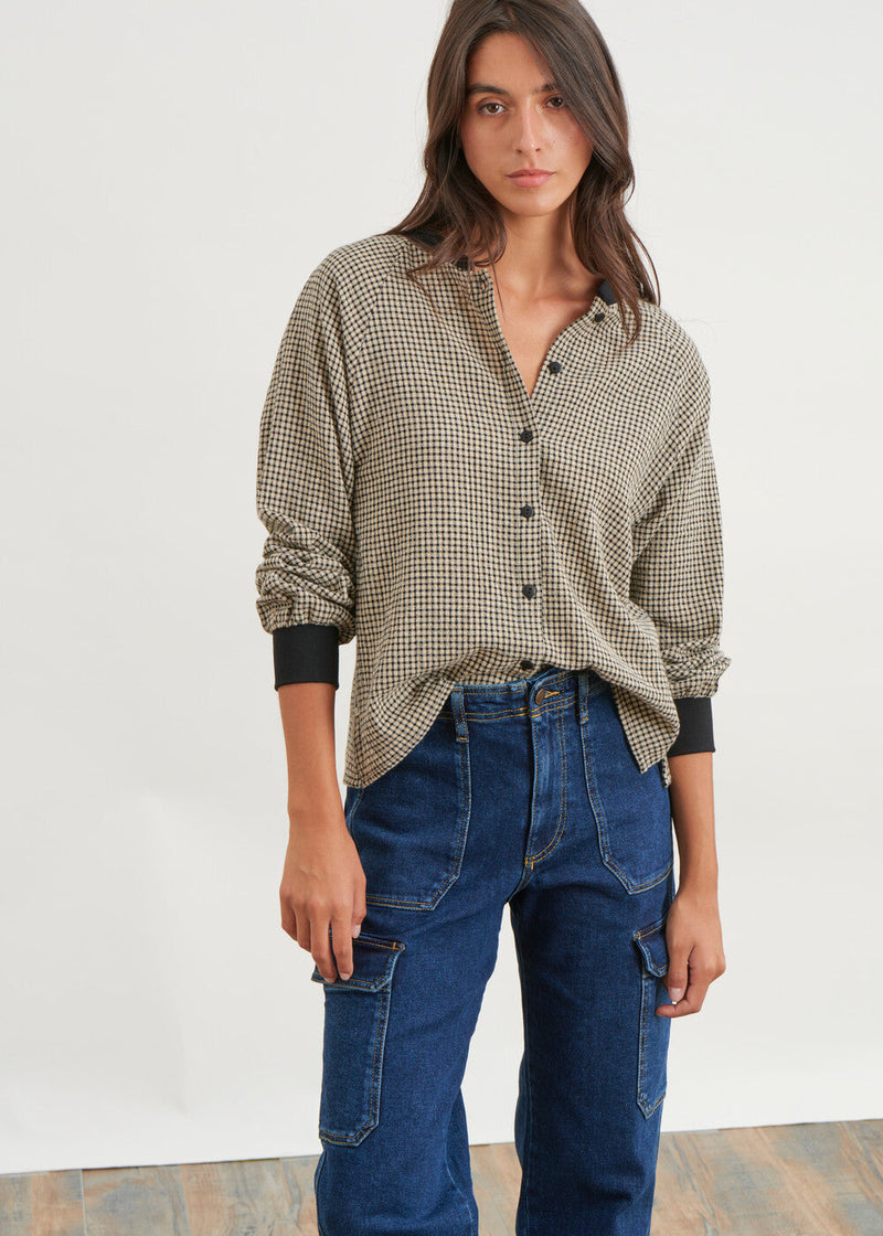 Long sleeve mini plaid top - BEIGE#couleur_BEIGE