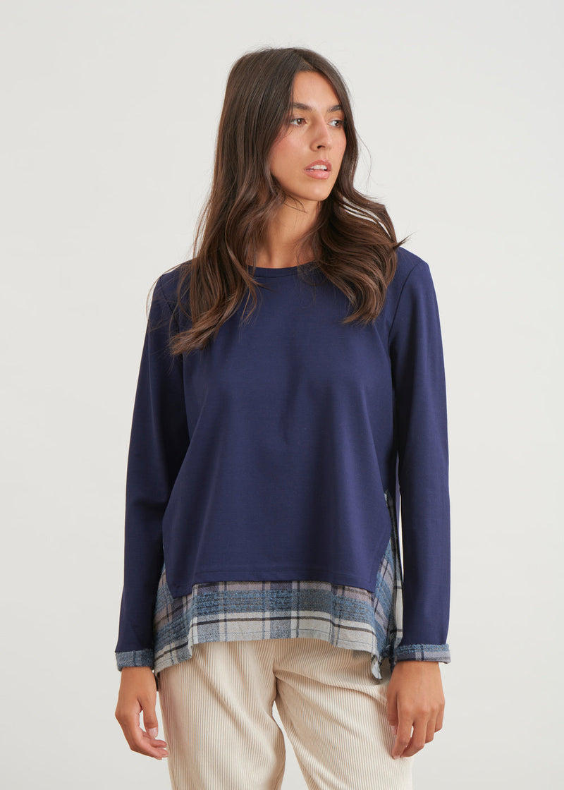 Long-sleeved bi-material top - NAVY#couleur_NAVY