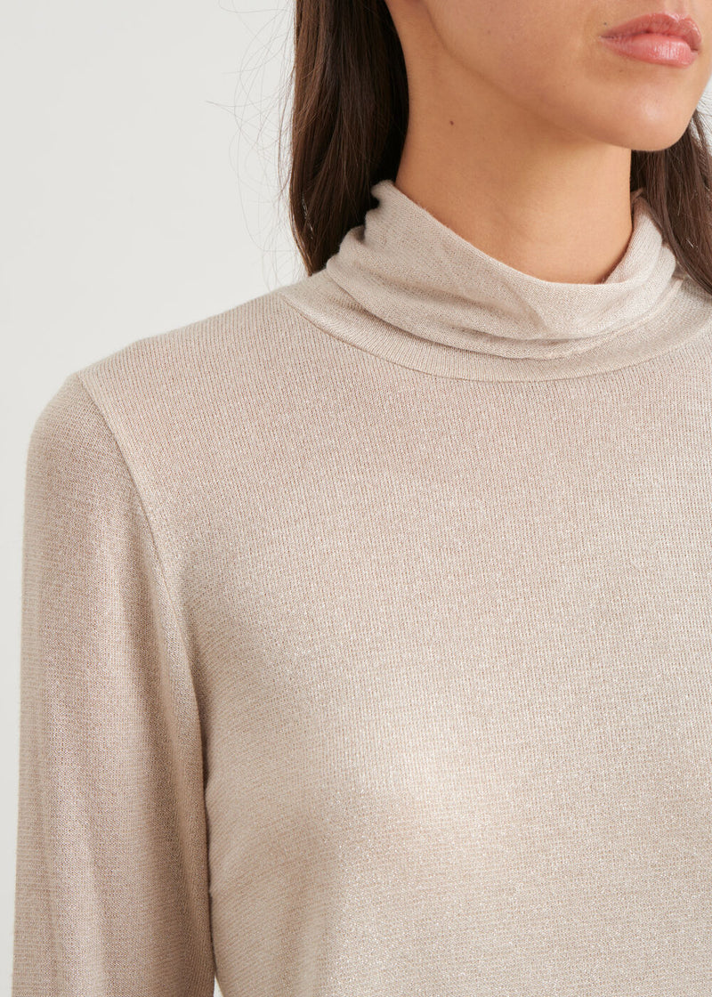 Shiny Thread Roll Neck T-Shirt - Putty Grey