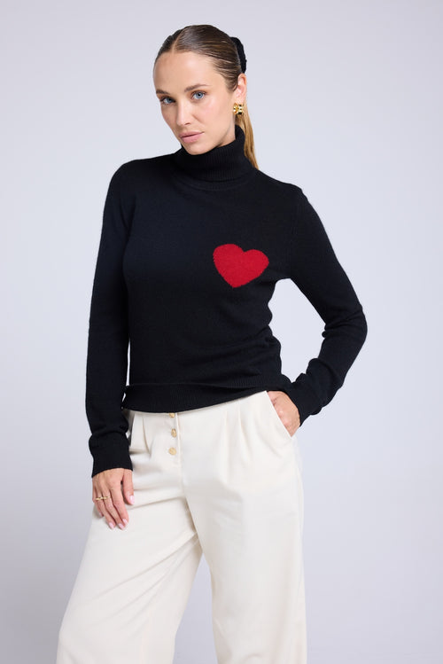 Pull Col Roule Love Heritage High Heart - Noir Rouge