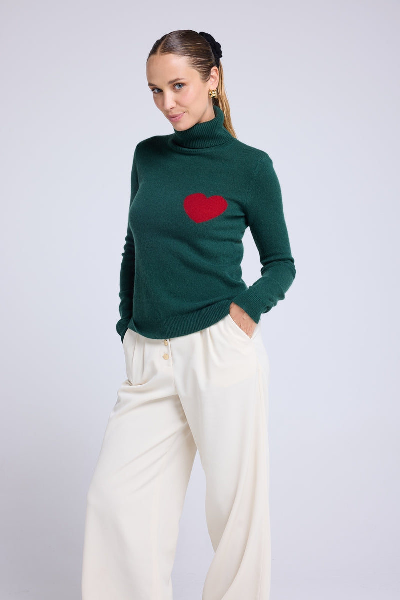 Pull Col Roule Love Heritage High Heart - Vert Bouteille Rouge
