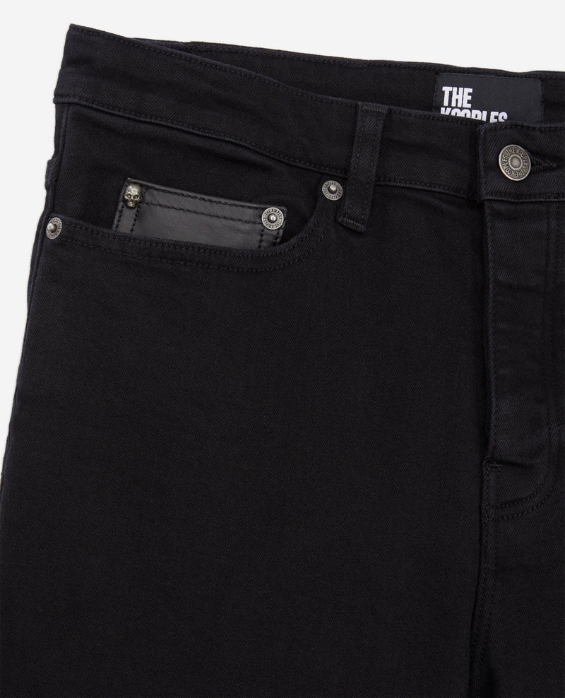 Jeans de hombre negro crudo con bolsillo de cuero - Hombres