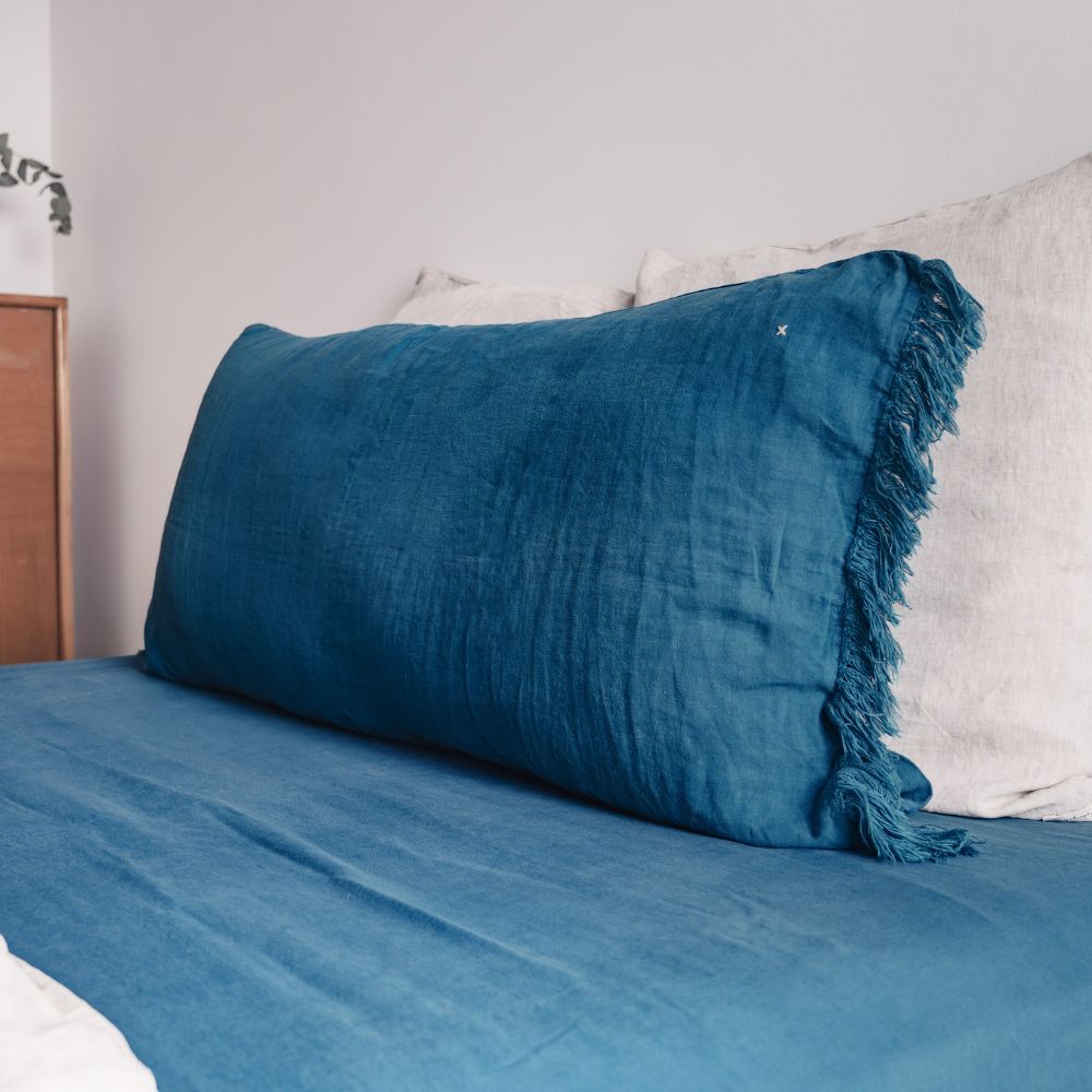 Washed Linen Cushion Cover with Fringed Finishes - White