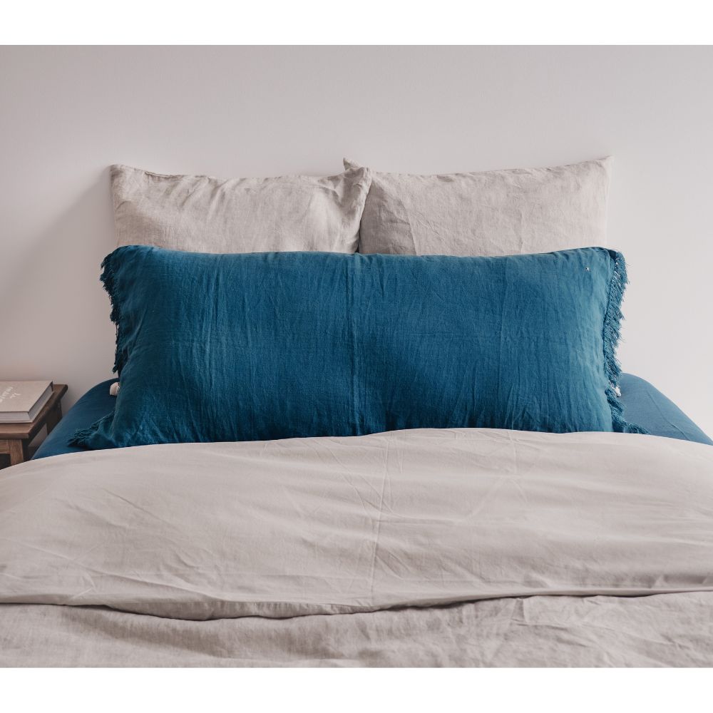 Washed Linen Cushion Cover with Fringed Finishes - White