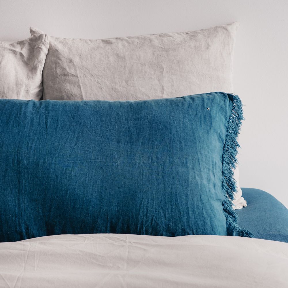 Washed Linen Cushion Cover with Fringed Finishes - White