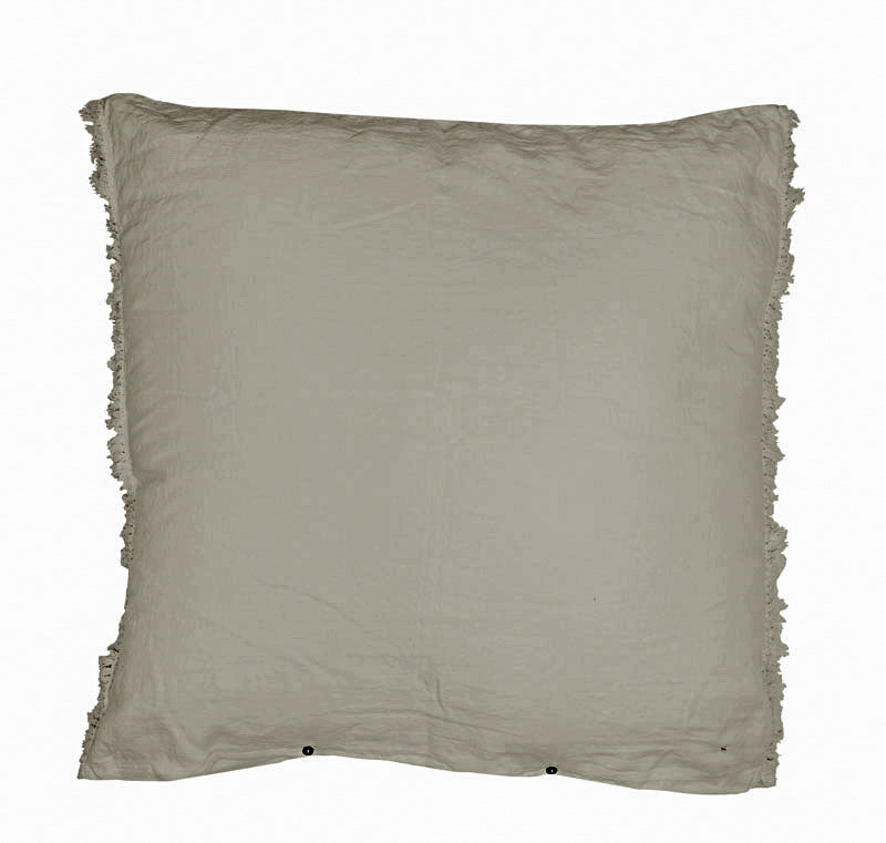 Washed Linen Cushion Cover with Fringed Finish - Beige