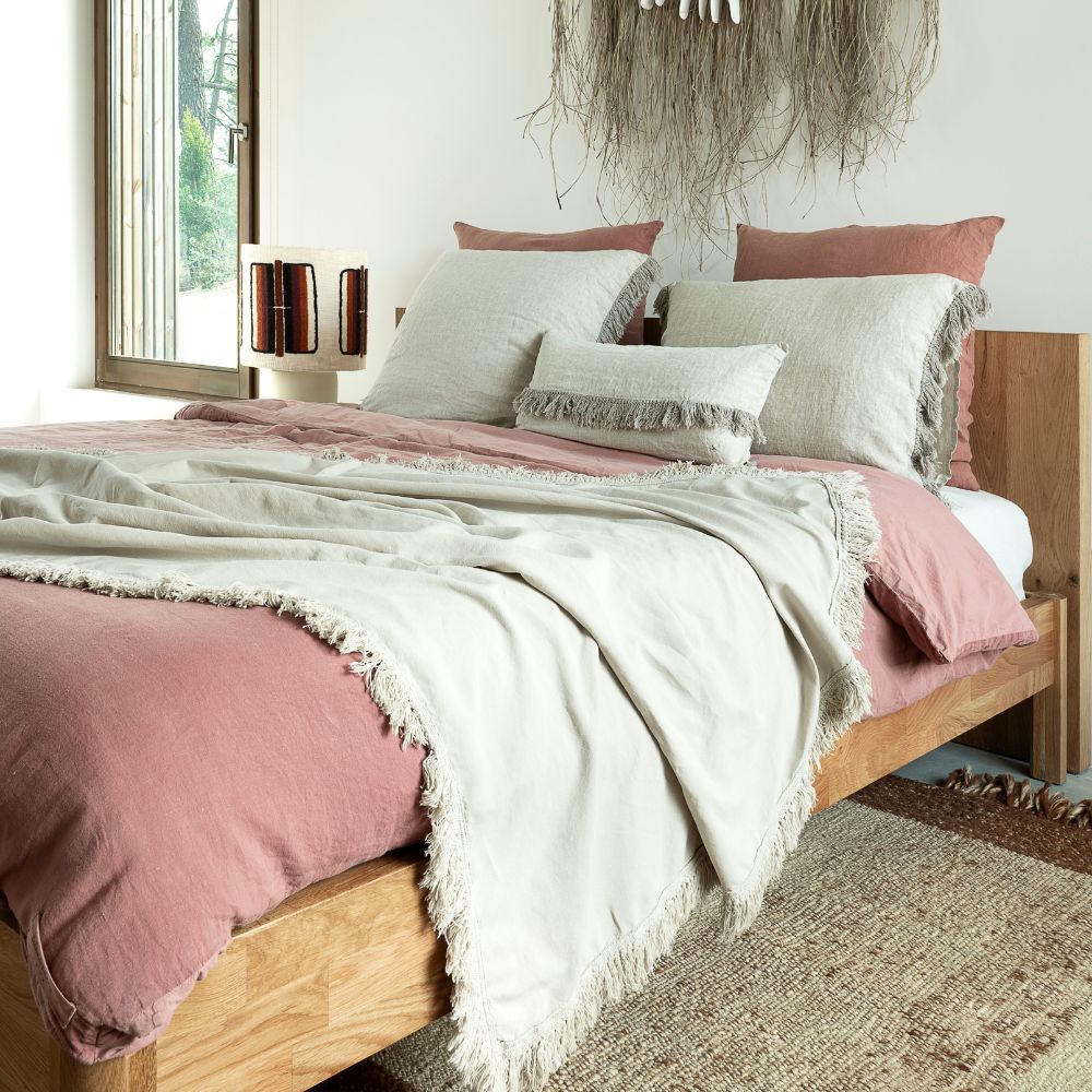 Washed Linen Cushion Cover with Fringed Finish - Beige