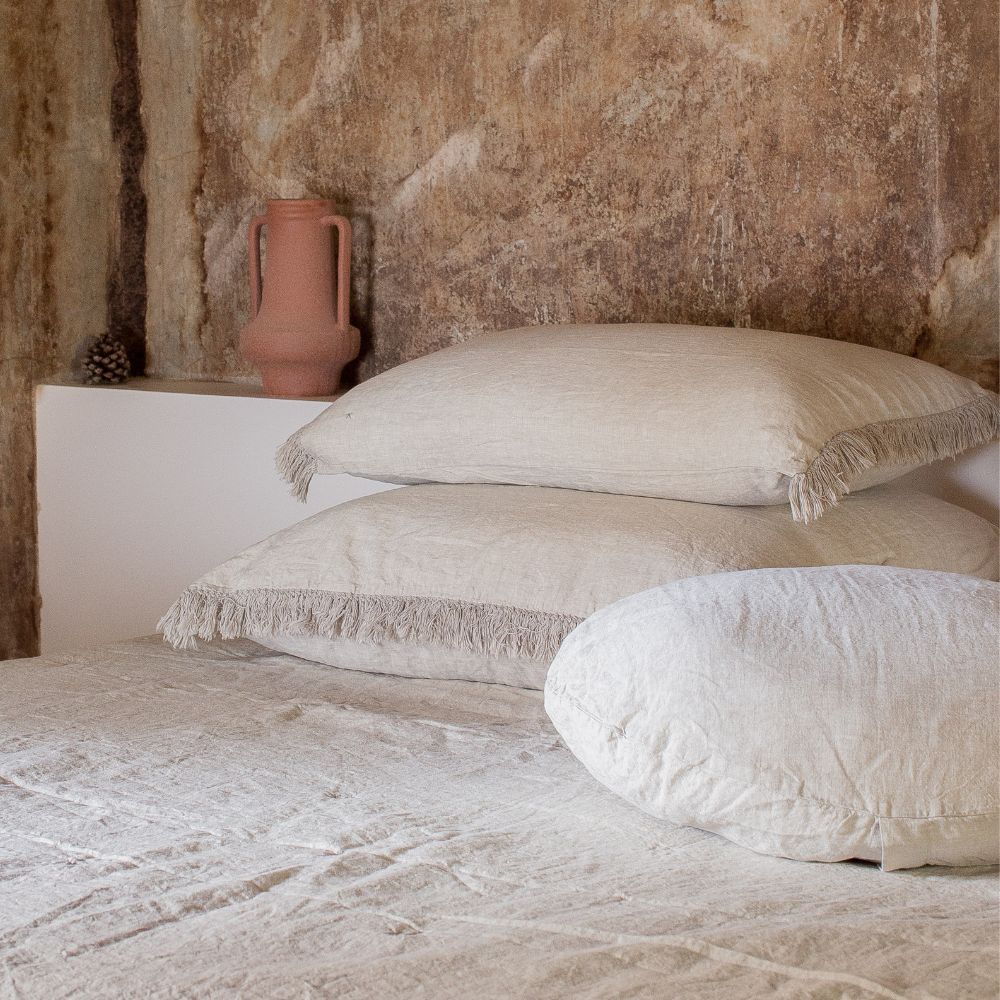 Washed Linen Cushion Cover with Fringed Finish - Beige