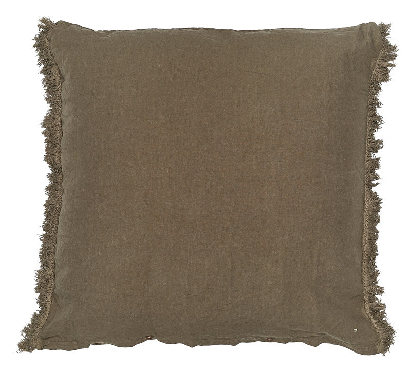 Washed Linen Cushion Cover with Fringed Finish - Khaki
