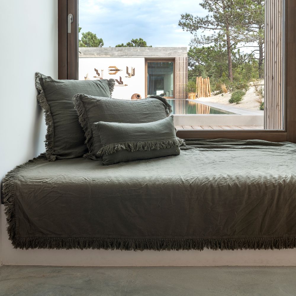 Washed Linen Cushion Cover with Fringed Finish - Khaki
