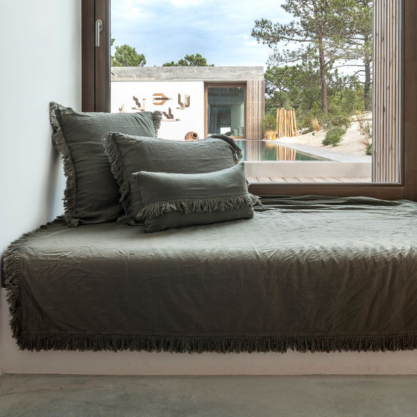 Housse De Coussin En Lin Lavé À Finitions Frangées - Kaki