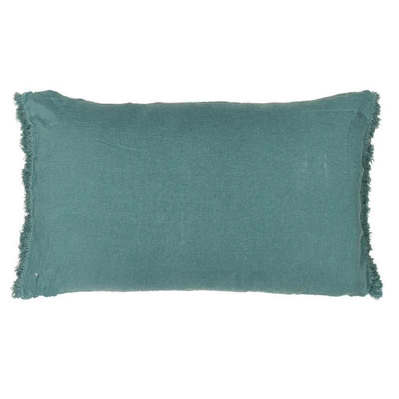 Washed Linen Cushion Cover with Fringed Finishes - Green