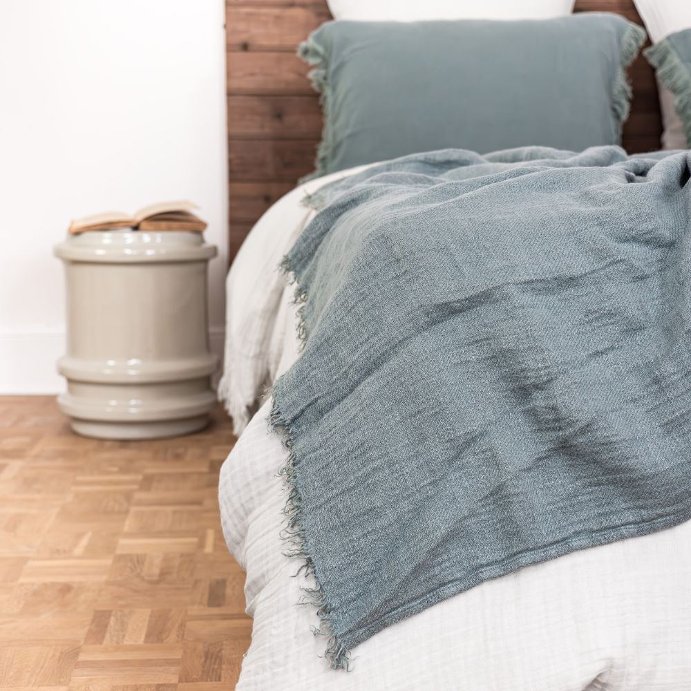 Washed Linen Cushion Cover with Fringed Finishes - Green