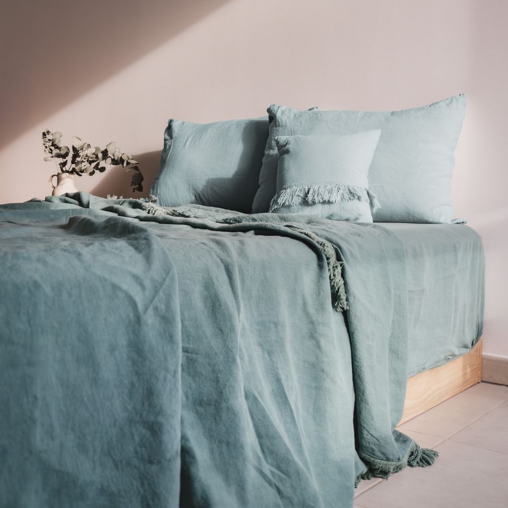 Washed Linen Cushion Cover with Fringed Finishes - Green