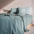 Washed Linen Cushion Cover with Fringed Finishes - Green