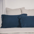 Housse De Coussin En Lin Lavé À Finitions Frangées - Bleu