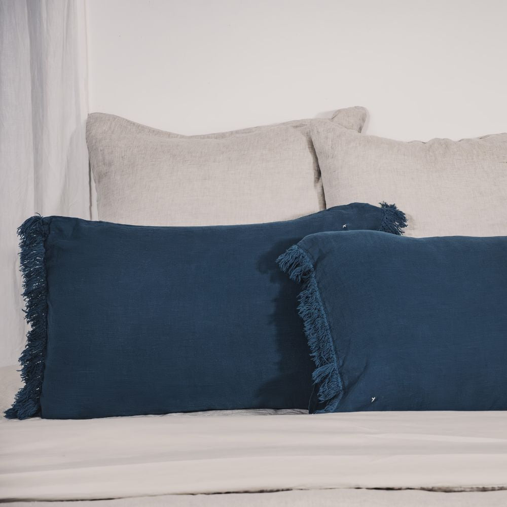 Housse De Coussin En Lin Lavé À Finitions Frangées - Bleu