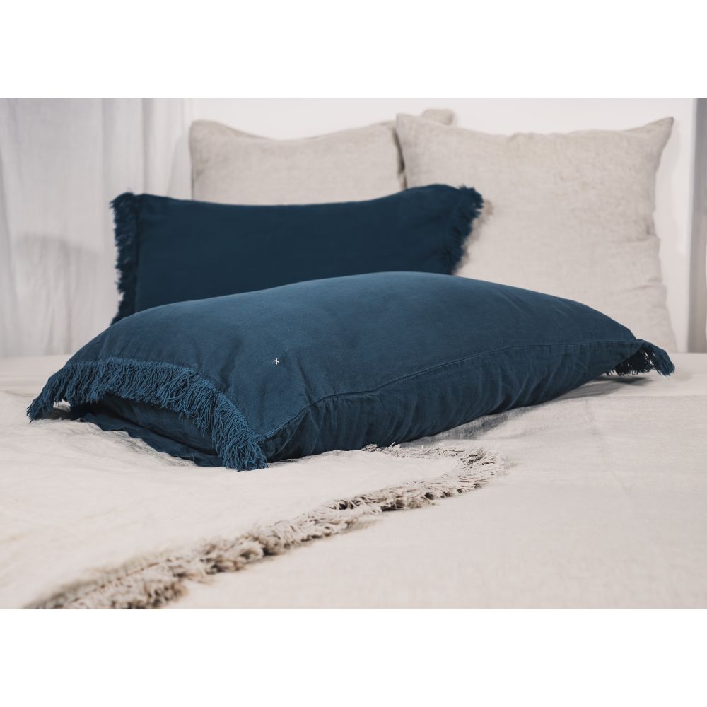 Housse De Coussin En Lin Lavé À Finitions Frangées - Bleu