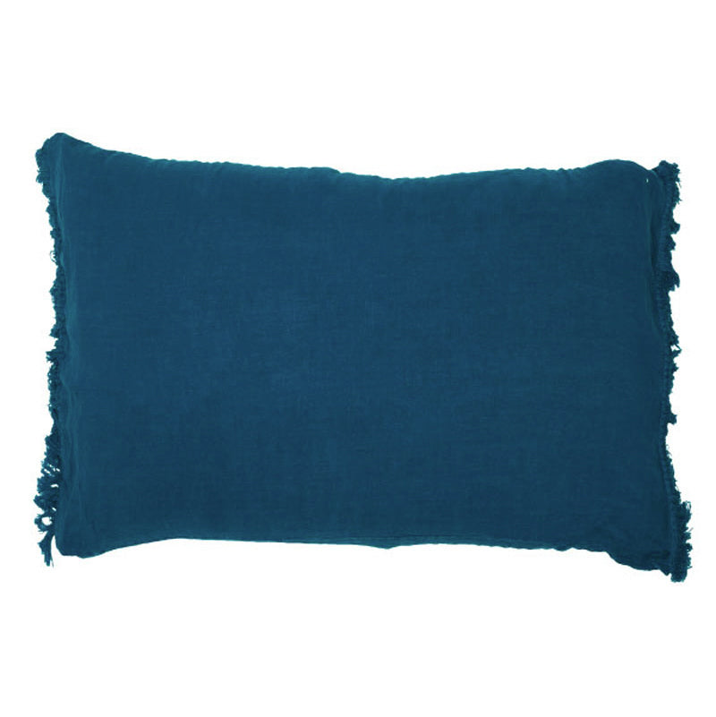 Housse De Coussin En Lin Lavé À Finitions Frangées - Bleu