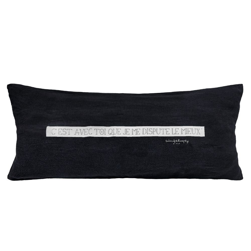 Screen-Printed Washed Linen Cushion Cover - Black