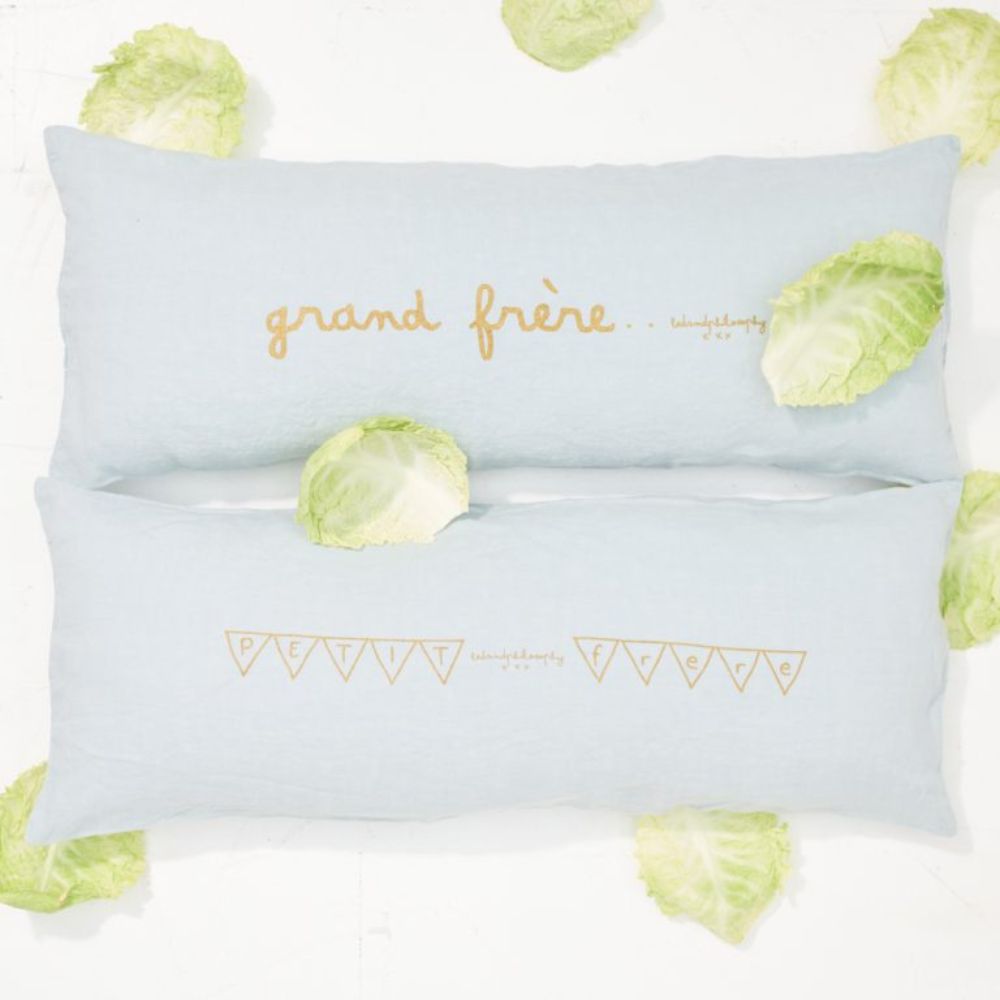 Housse De Coussin Sérigraphiée En Lin Lavé - Bleu