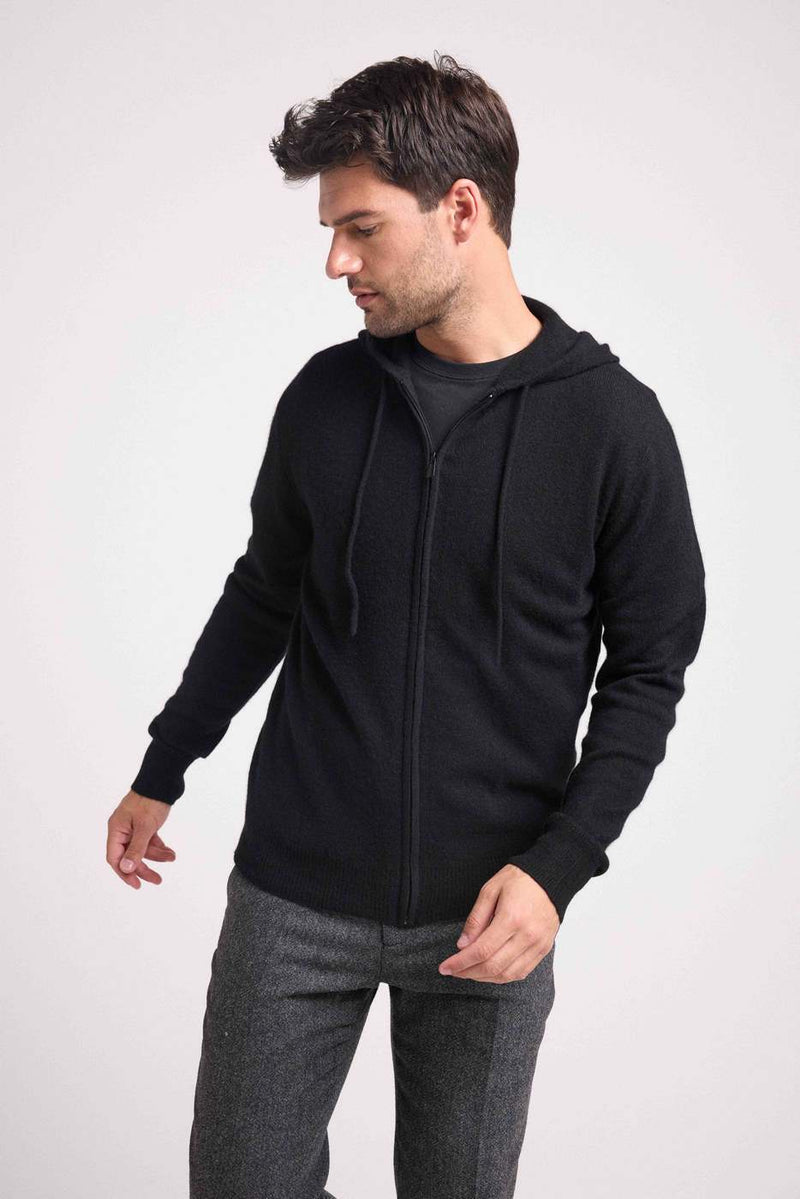 Hugo Zippe Hoodie - Negro - 100% Cachemira Oeko-Tex - Hombre