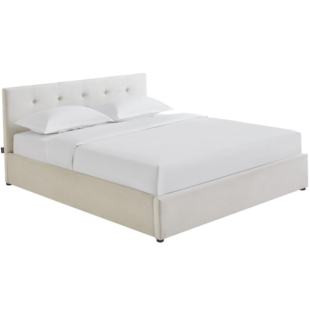 Tina - Lit Coffre Adulte avec Tête de Lit Matelassée en Velours et Sommier - Beige