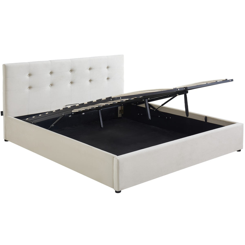 Tina - Lit Coffre Adulte avec Tête de Lit Matelassée en Velours et Sommier - Beige