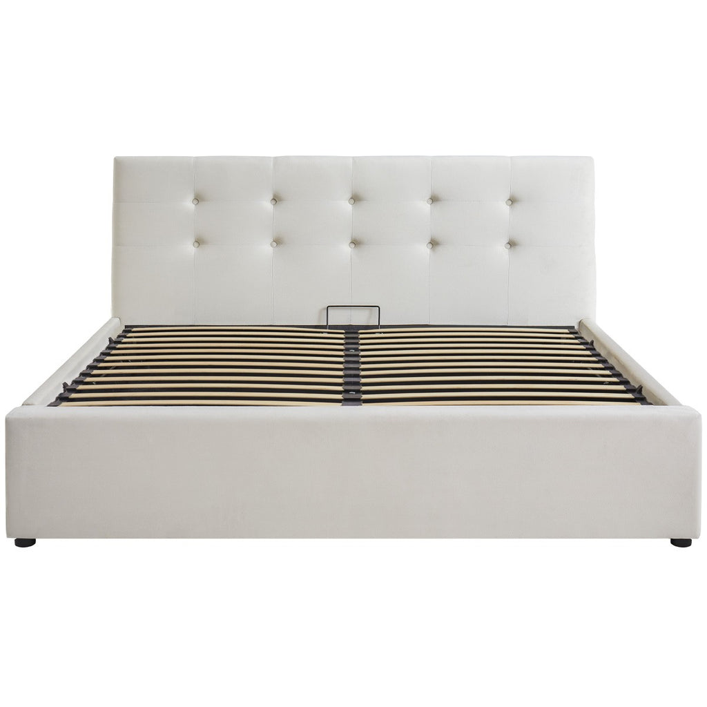 Tina - Lit Coffre Adulte avec Tête de Lit Matelassée en Velours et Sommier - Beige