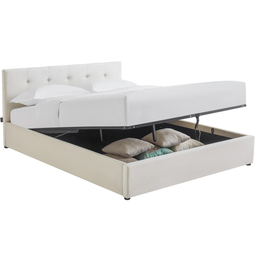 Tina - Lit Coffre Adulte avec Tête de Lit Matelassée en Velours et Sommier - Beige