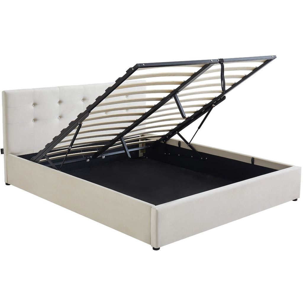 Tina - Lit Coffre Adulte avec Tête de Lit Matelassée en Velours et Sommier - Beige