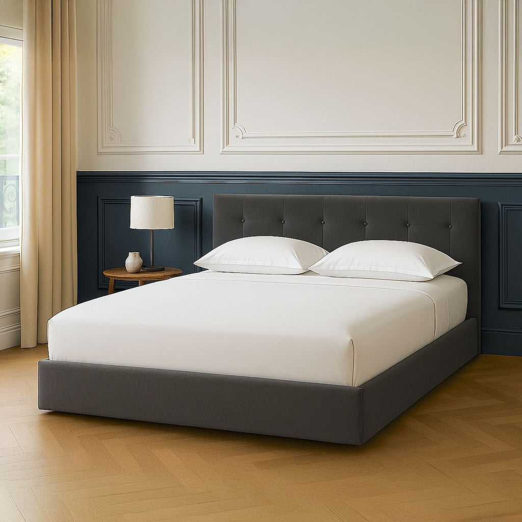 Tina - Lit Coffre Adulte avec Tête de Lit Matelassée en Velours et Sommier - Gris Foncé