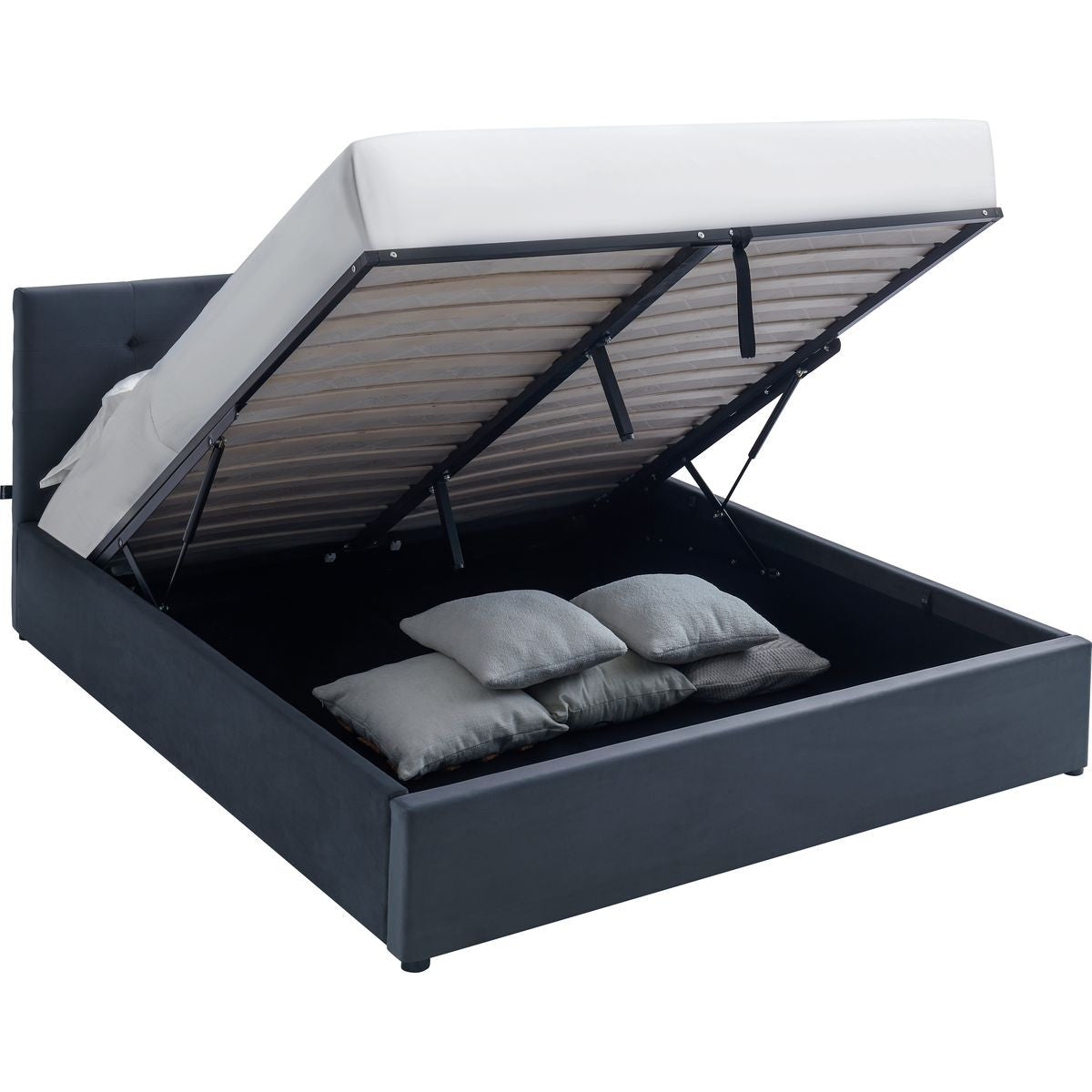 Tina - Lit Coffre Adulte avec Tête de Lit Matelassée en Velours et Sommier - Gris Foncé