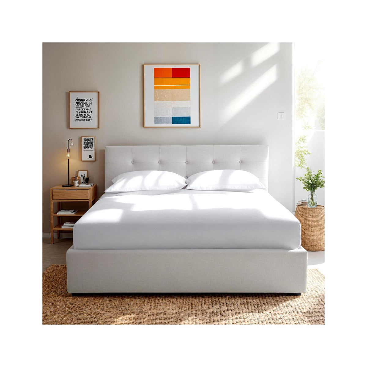 Tina - Lit Coffre Adulte 180x200 cm avec Tête de Lit Matelassée en Tissu et Sommier - Beige