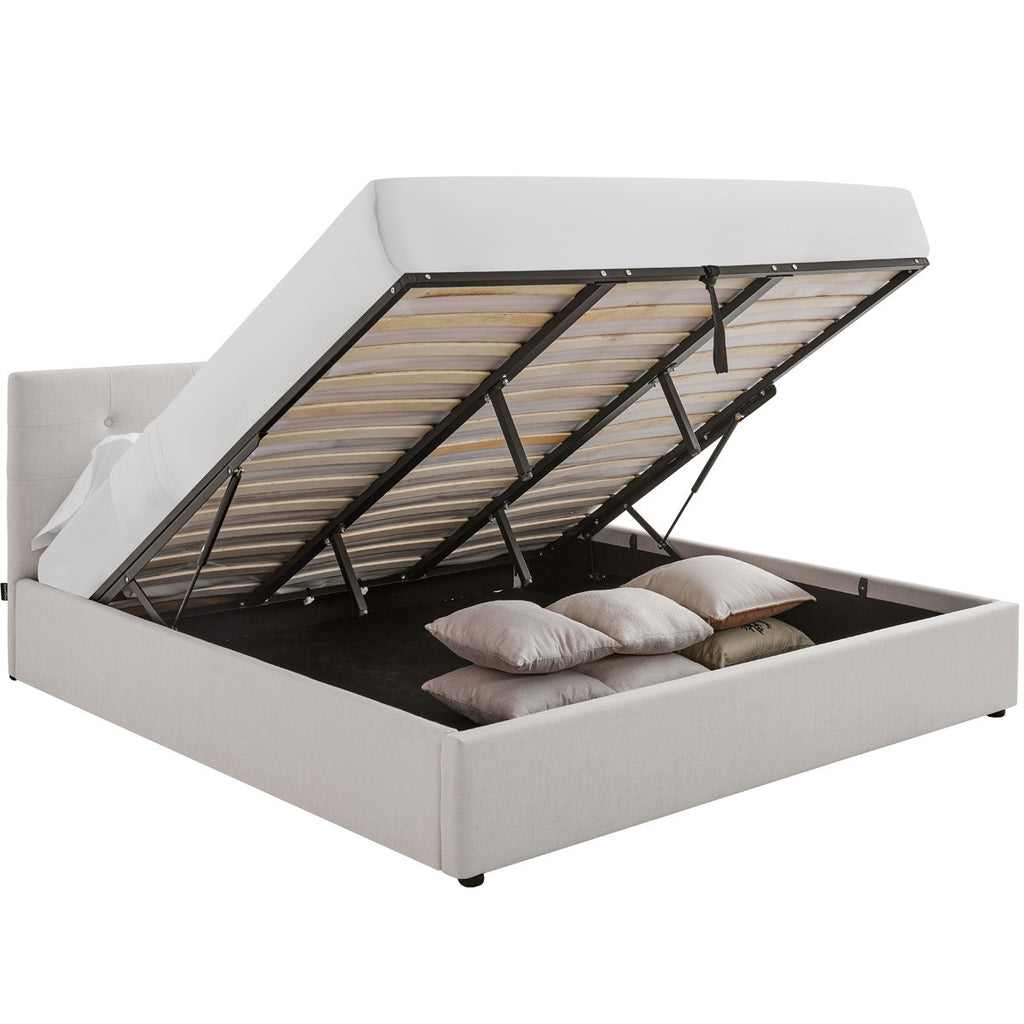 Tina - Lit Coffre Adulte 180x200 cm avec Tête de Lit Matelassée en Tissu et Sommier - Beige