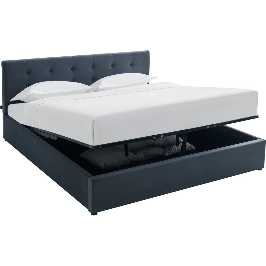 Tina - Lit Coffre Adulte avec Tête de Lit Matelassée en Velours et Sommier - Gris Foncé