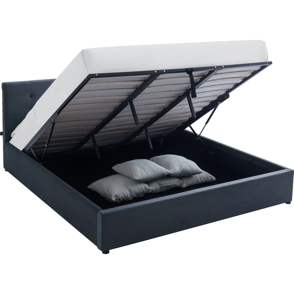 Tina - Lit Coffre Adulte avec Tête de Lit Matelassée en Velours et Sommier - Gris Foncé