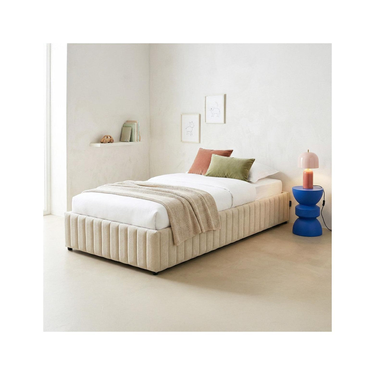 Balto - Lit Coffre Adulte 90x190 cm en Tissu Chenille - Beige