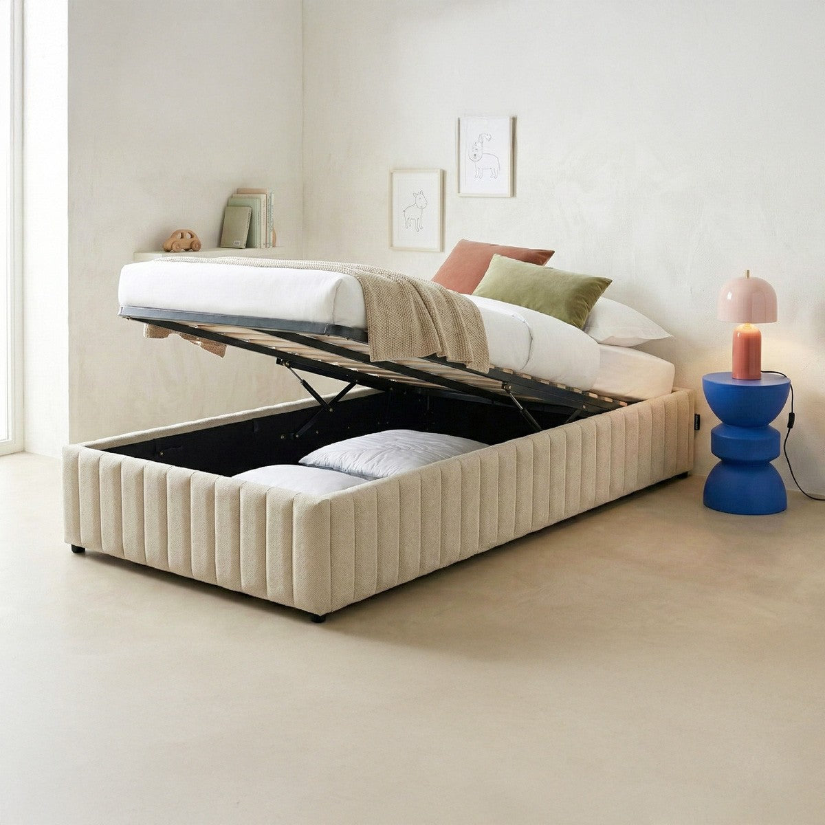 Balto - Lit Coffre Adulte 90x190 cm en Tissu Chenille - Beige