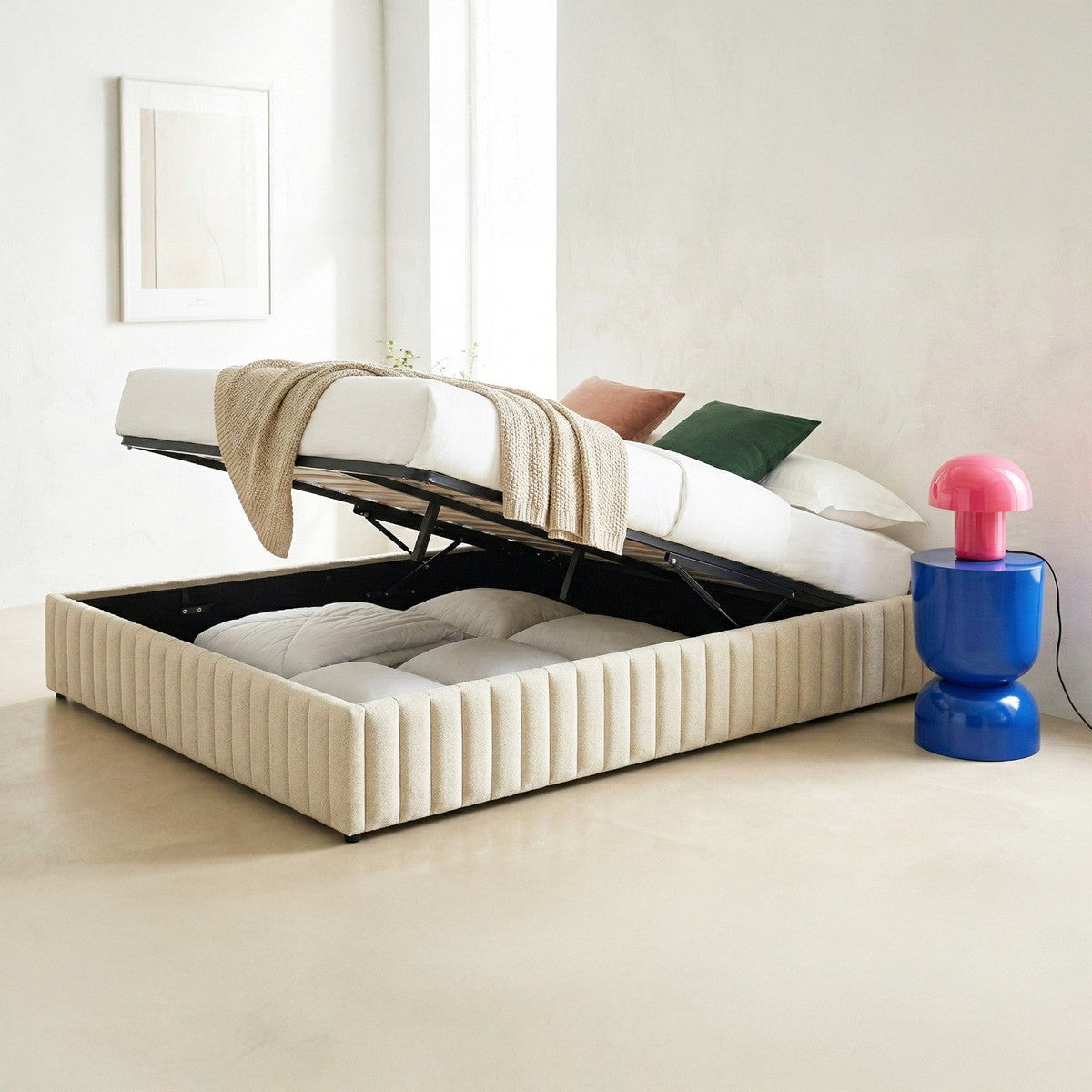 Balto - Lit Coffre Adulte en Tissu Chenille - Beige