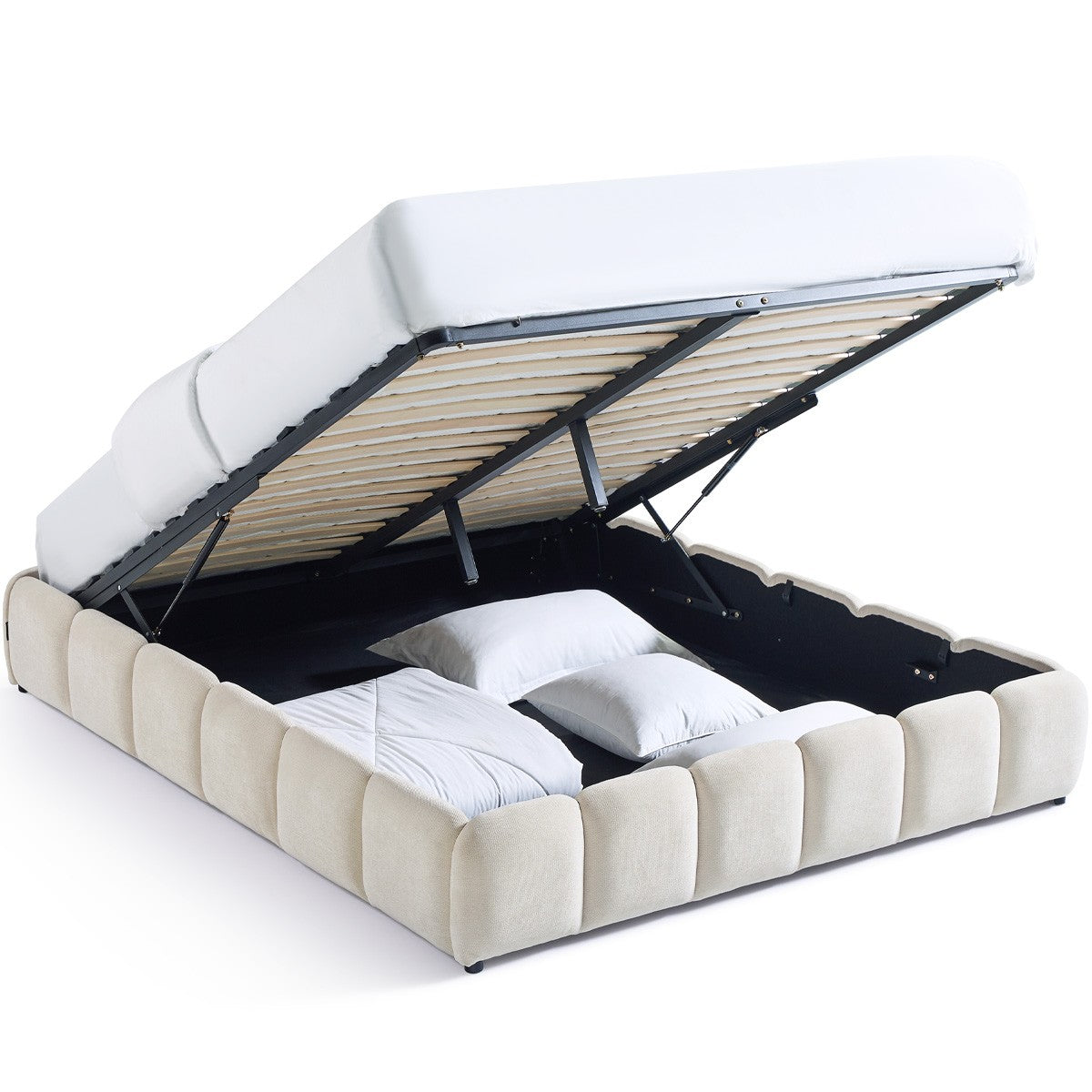 Nilsa - Lit Coffre Adulte en Tissu Chenille - Beige