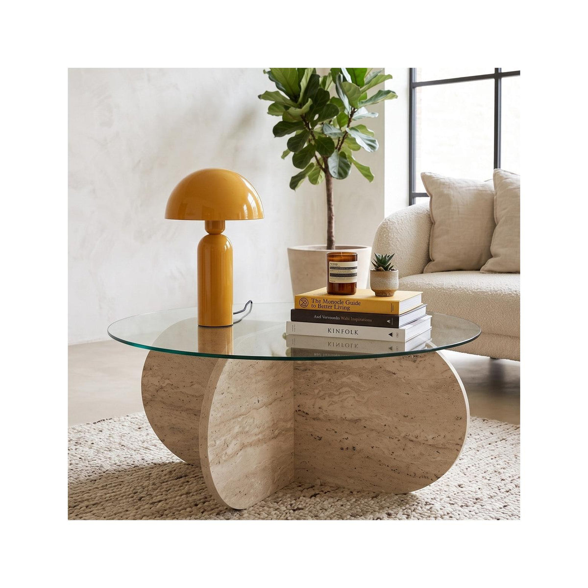 Eolia - Table Basse Ronde Effet Verre Ø75 cm - Travertin