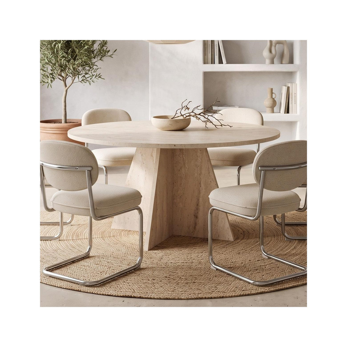 Norae - Table À Manger Ronde - Effet Travertin - Beige