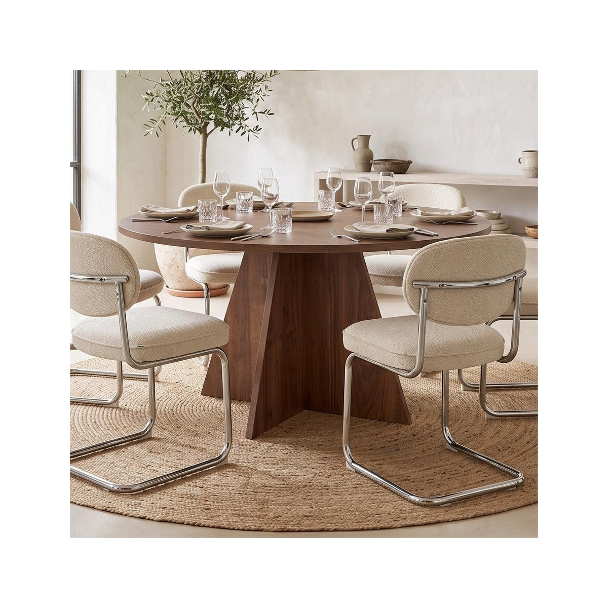 Norae - Table à Manger Ronde Effet 5 à 6 Pers. Ø120 cm - Noyer
