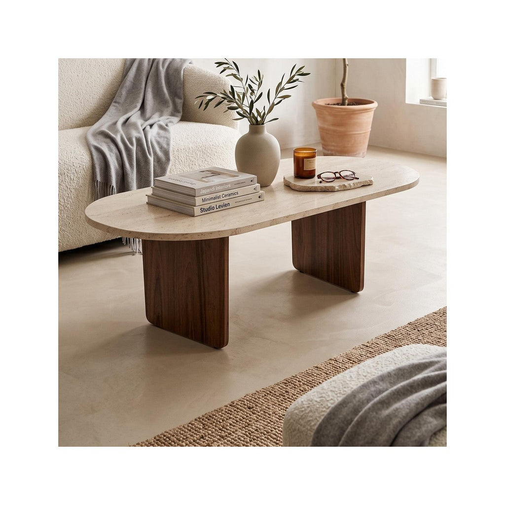 Ceane - Table Basse Effet Travertin et Noyer 130 cm - Beige